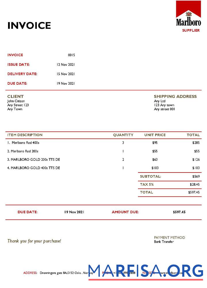Realistic USA Marlboro invoice template